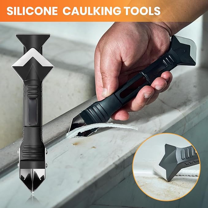 Sakerplus 3-in-1 Caulking Tool, Scraper & Silicone Trowel for Grout Removal and Caulk Smoothing, Sealant Application Tool for Bathroom Kitchen Tile Sink Window Frame (Classic with Scraper, 1 Set)