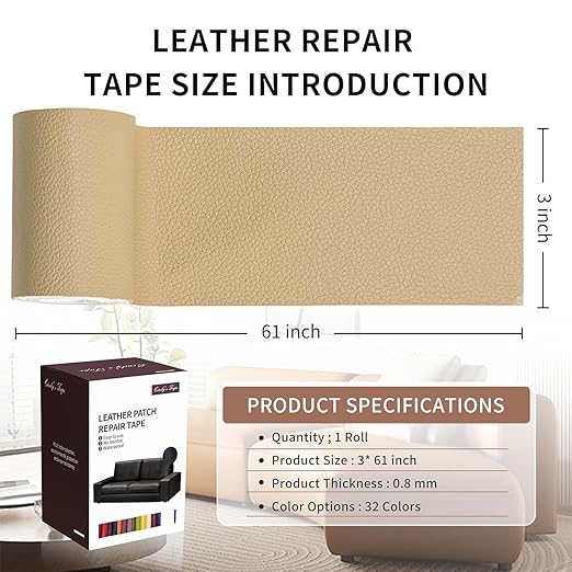 Leather Repair Patch Tape, Beige 3 x 61 Inches Self Adhesive Leather Repair Kit for Furniture, Car Seat, Vinyl Leather Repair Kit for Office Chairs, Couch, Sofa, Luggage