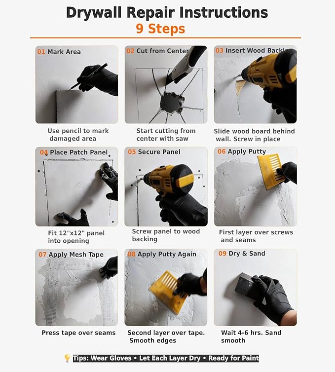 Drywall Repair Kit，34 Pcs 12x12inch Wall Patch Kit with Saw& Wood Boards，Drywall Patch Kit for Large Holes，Sheetrock Repair Kit for Cracks, Dents & Nail Holes-Quick & Easy Wall Surface Repair Solution