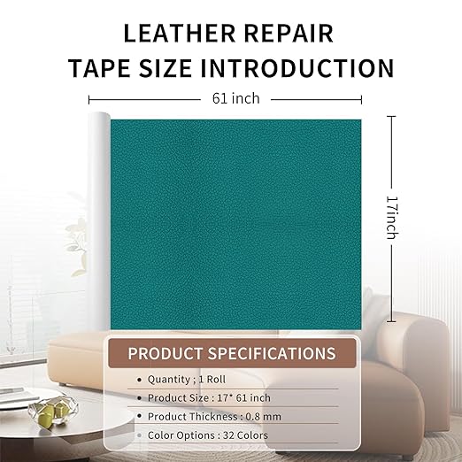 Leather Repair Patch Tape, Peacock Green 17 x 61 Inches Self Adhesive Leather Repair Kit for Furniture, Car Seat,Vinyl Leather Repair Kit for Office Chairs, Bags, Luggage