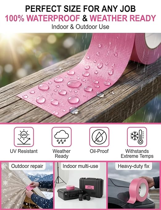 Pink Duct Tape Heavy Duty - 2 Inches x 30 Yards Pro-Grade Cloth Fabric Tape, Waterproof & No Residue, Multi-Use Flexible Adhesive Tape for Crafts, DIY, Repairs, Indoor & Outdoor - 1 Roll