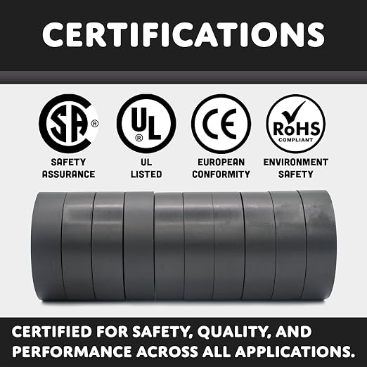 TradeGear Black 10 Pack - UL Listed Colored Electrical Tape, 60 ft x 3/4 in, 600V, Flame Retardant, Waterproof, Rubber Adhesive - Phase Marking, Wire ID, Automotive