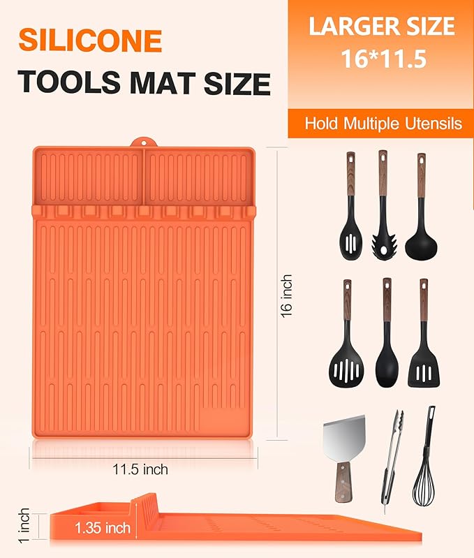 Silicone Grill Mat Compatible with Blackstone, BBQ Griddle Tools Mat with Drip Pad, Large Spatula Holder for Outdoor Kitchen Counter, Gifts for Men (Orange)