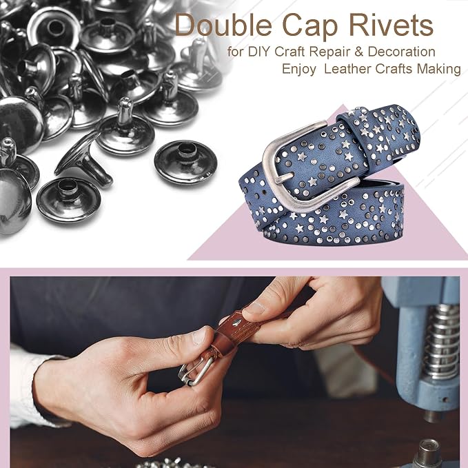 CooBigo 200Sets 12mm Double Round Cap Leather Rivets, Tubular Metal Rivets Spikes Studs, Leather Rivets for Leather Key Fob Clothing Pets Collar Boots Bags Belt Repair and Decoration (Gun Black)