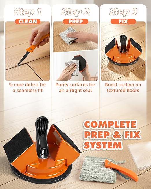 LOVECO Floor Gap Fixer Tool, Heavy Duty Suction Cup for Laminate & Vinyl Plank Repair, Solid Iron Body with Dual 45° Striking Surfaces, Includes 6 Sticky Pads, Gap Cleaning Blade & Microfiber Cloth