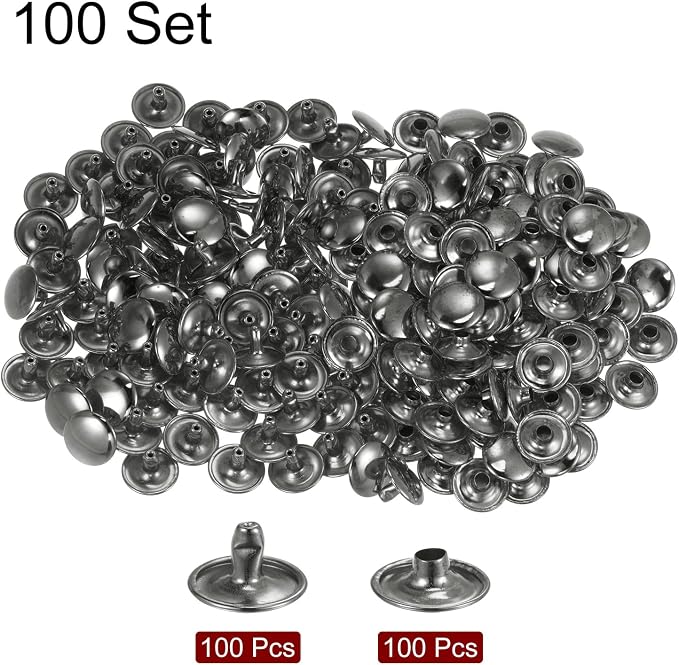 HARFINGTON 100 Sets Leather Rivets 8 x 12mm Metal Double Cap Rivet Snaps Studs Fasteners with 3pcs Setting Tools Rivets for Leather Craft DIY Repair Decoration, Gunmetal