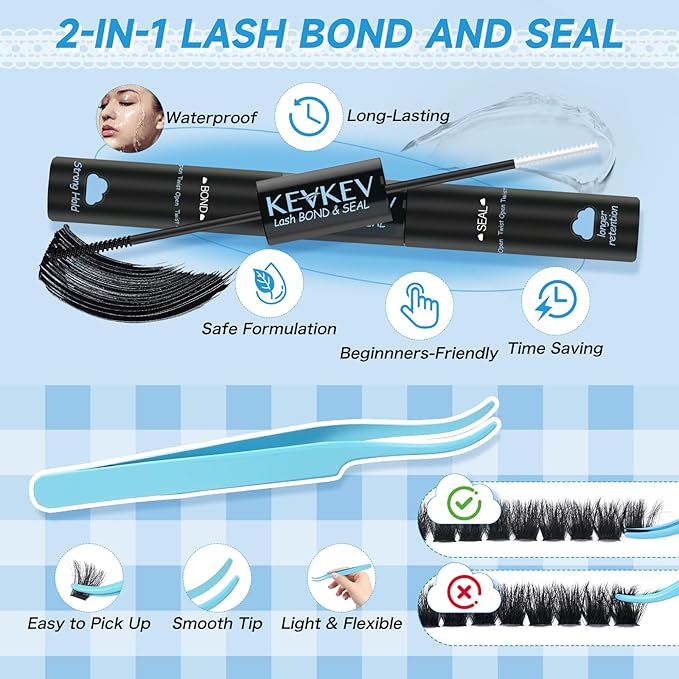 KEVKEV Lash Extension Kit 182pcs Volume Lash Clusters 200D Lash Clusters Kit 10-18mm Individual Lashes Kit With Lash Bond And Seal,Lash Tweezers Thick Lash Extension Kit DIY At Home(0.05D,200DD)