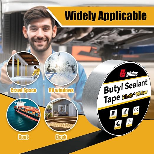 Bghdas - 1 Pack Butyl Sealant Tape 2" X 90' - Double Sided - Black Vapor Barrier Butyl Tape for Wall of Crawl Space, Rv Windows, Deck Boat, Crawlspace (Waterproof, Weatherproof)
