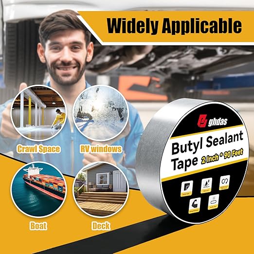 Bghdas - 6 Pack Butyl Sealant Tape 2" X 90' - Double Sided - Black Vapor Barrier Butyl Tape for Wall of Crawl Space, Rv Windows, Deck Boat, Crawlspace (Waterproof, Weatherproof)