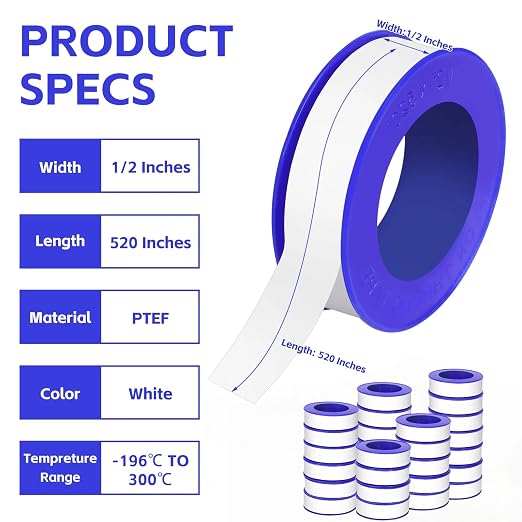 24 Rolls Teflon Tape for Plumbers, 1/2 x 520 Inches PTFE Thread Seal Tape, White Pipe Sealant for Shower Head, Water Pipe Sealing and Leak Prevention, Sealing Tape for Threaded Connections