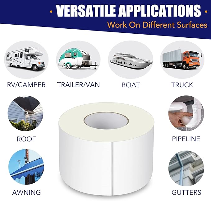 2 Pack RV Roof Tape, 4 Inch x 50 Feet RV Sealant Tape, UV & Waterproof RV White Seal Tape for RV Repair, Window, Boat Sealing, Truck and Trailer Roof Sealant, Stop Camper Roof Leaks