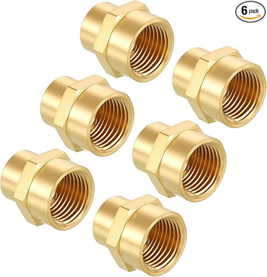 Pack of 6, 1/2" FeMale NPT to 3/8" FeMale NPT Solid Brass Pipe Fitting Coupler, Brass Coupling Hose Fittings Adapter for Pipe Leak Repair, Bathroom Remodeling, Tool Extensions