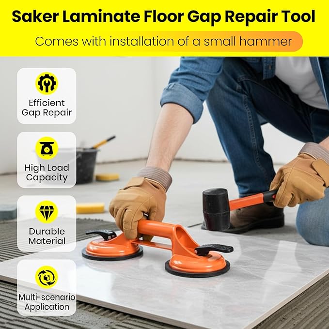 Saker Laminate Floor Gap Repair Tool,Suction Cup Lifter and Rubber Mallet,Floor Gap Repair Kit,for Floating Wood Floors and Moving Glasses (Light Orange)
