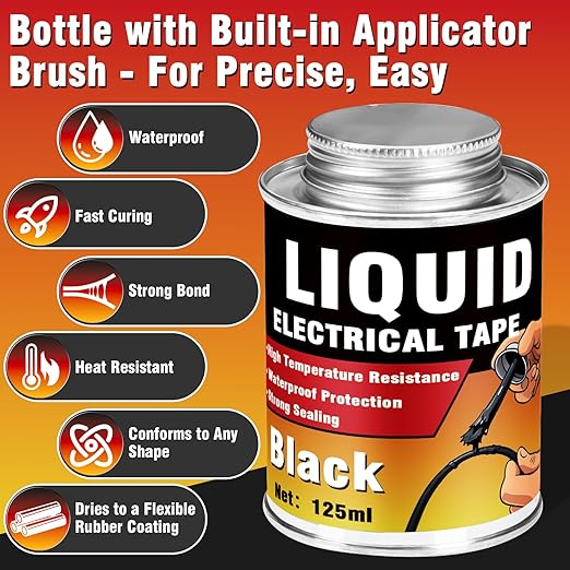 Liquid Electrical Tape, Quick Drying Insulating Electrical Glue, Black Waterproof Wire Glue, High Temperature Resistant; Ideal for Wire Equipment Repair, Automotive, Marine, and Home Use, 4OZ