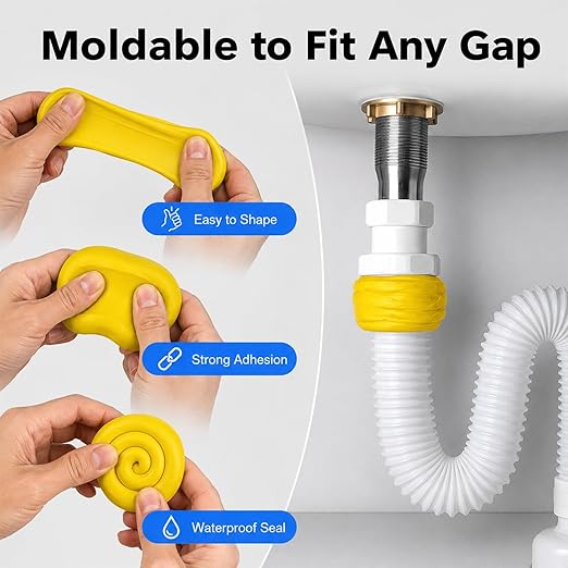 3Pack Moldable Silicone Putty, Non Hardening Waterproof Sealant Compound, Reusable & Pliable Seal Putty for Metal, Glass, Wood, Ceramic, Bathroom, Pipes and Wall Gaps Repair (Yellow)