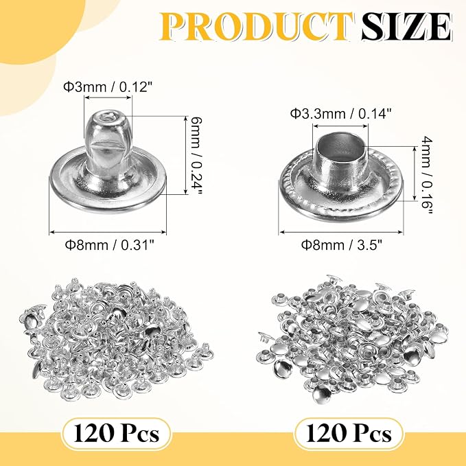 uxcell 120 Sets Leather Rivets, 8mm Double Cap Rivets, 6mm Height Tubular Metal Studs for Leather Craft Repair and Decoration DIY Clothes, Shoes, Bags, Belts, Silver