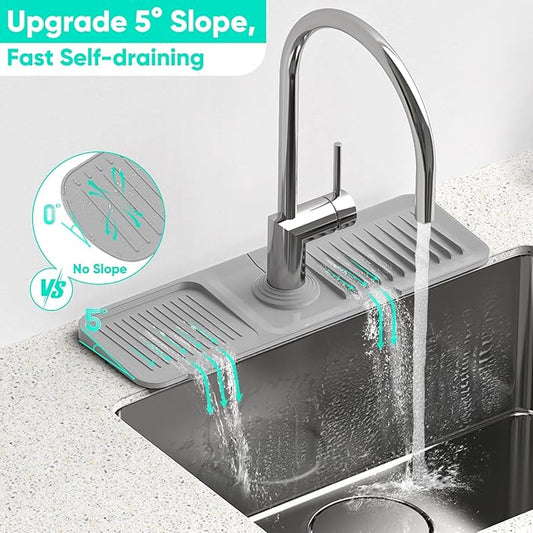 17.7'' Faucet Mat for Kitchen Sink [5°Slope Fast Self-draining] Kitchen Sink Splash Guard Silicone Kitchen Sink Faucet Mat Splash Guard for Kitchen Sink Area Tidy Splash Faucet Guard Draining Mat