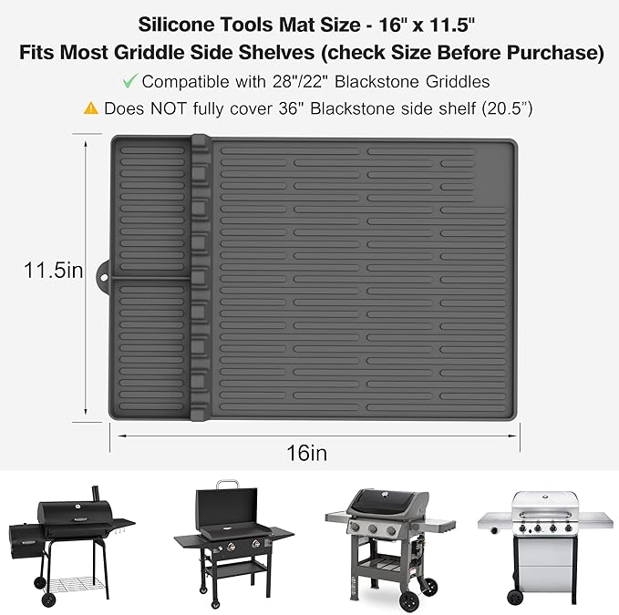 Silicone Grill Mat Compatible with Blackstone, BBQ Griddle Tools Mat with Drip Pad, Large Spatula Holder for Outdoor Kitchen Counter, Gifts for Men （Gray）