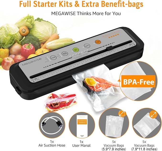 Updated Vacuum Sealer Machine 2025, MEGAWISE Food Sealer w/Starter Kit, Dry & Moist Food Modes, Compact Design with 10 Vacuum Bags & Built-in Cutter (Grey)