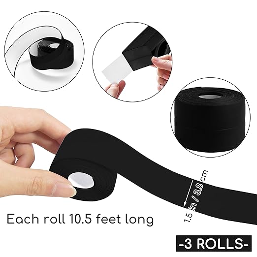 3 Rolls 1.5 Inch Caulk Tape Self Adhesive Toilet Caulking Strip Bathroom Sealing Caulk Strip Peel and Stick Bathtub Caulking Tape, 10.5 Feet Each Roll (Black)