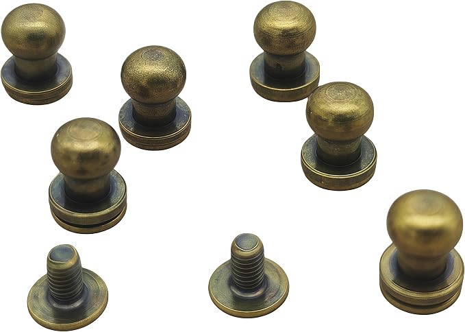 Denailey 12 Sets Solid Brass Round Head Button Stud Screw Leather Rivet Chicago Screws Button Rivets for Leather Craft Belt Wallet Handbag Repairs Decoration (Round Head Size 6mm, Antique Brass)