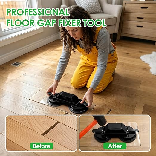 Floor Gap Fixer Tool for Laminate Floor Gap Repair, Heavy Duty Dual Suction Cups with 45° Striking Surface, Includes Rubber Mallet, Sticky Pads & Gloves for Vinyl Plank, LVP & Hardwood