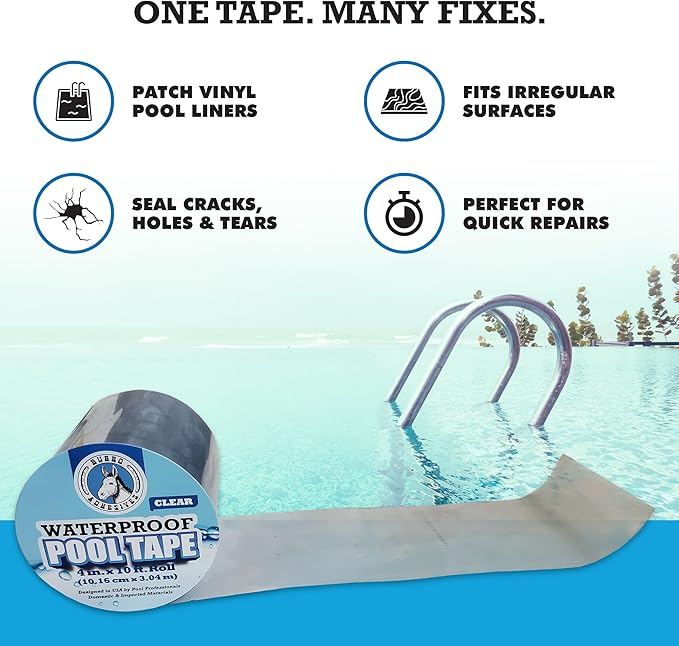 Burro Adhesives Waterproof Clear Pool Tape 4" x 10' - Heavy Duty PVC Vinyl Pool Repair for Underwater & Dry Applications, Commercial & Residential Pools, Instantly Seals Leaks