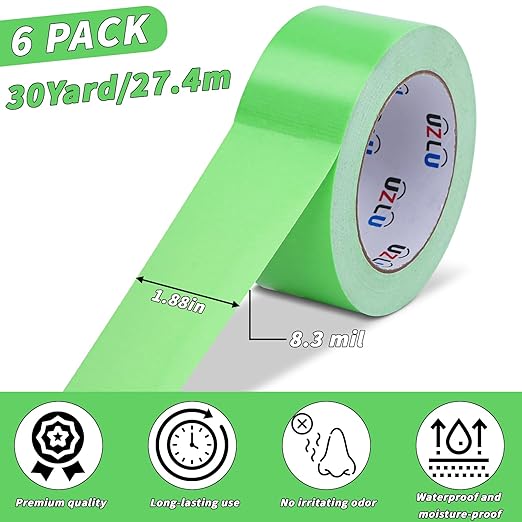6 Pack Green Duct Tape Bulk Heavy Duty,1.88 Inches x 30 Yards,Strong Industrial Strength,Flexible,No Residue,Waterproof and Tear by Hand,Multi-Use for Indoor & Outdoor Repairs