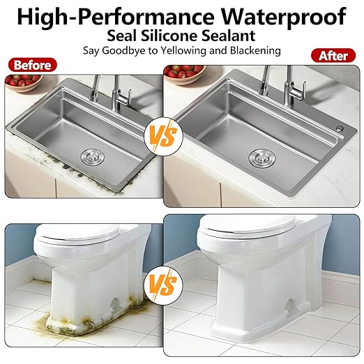 LISRUX Advanced Clear Silicone Caulk for Kitchen & Bathroom,10 fl oz Cartridge,12 Pack,100% Waterproof RTV Silicone Sealant,Stronger Adhesion,Shrink & Crack Proof