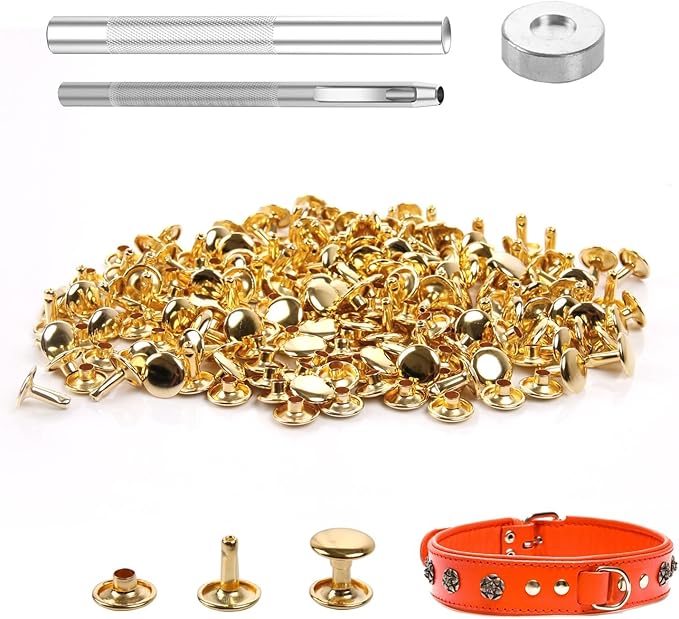 100 Sets Leather Rivets 9x8mm Double Cap Rivets Snaps Metal Studs Fasteners with 3pcs Setting Tools for Leather Craft DIY Repair Decoration, Gold Tone