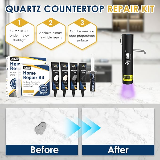 Quartz Countertop Repair Kit, Granite & Marble Repair Kit with 4*15g Filler(White,Beige, Gray,Clear), 30s Fast Repair Chip, Hole, Scratch, Crack on Fiberglass, Porcelain, Ceramic Tile, Bath Tub, Sink