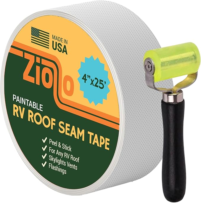 Ziollo Paintable RV Roof Seam Tape with Roller - 4" x25' Leak Repair Tape for EPDM, TPO & Fiberglass - Compatible with All Silicone & Acrylic Roof Coatings