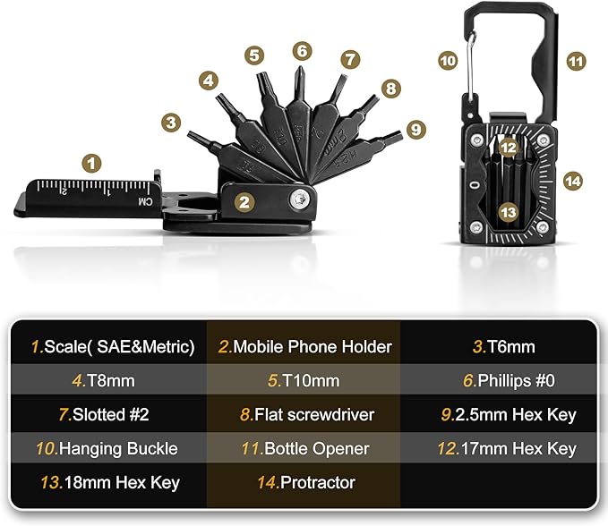 HAUTMEC 14 in 1 Bike Multitool, Mini Bike Repair Tool Kit for Road and Mountain Bikes, Lightweight S2 Stainless Steel Bike Tool With T6/8/10mm Wrenches and Phillips Screwdriver Multitool HT0419-BT