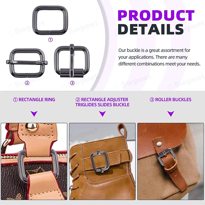 Swpeet 5 Style Metal Buckles - Adjustable Slide, D Ring, Circular Ring