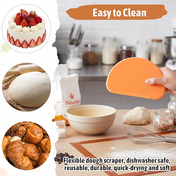 2 Pcs Silicone Dough Scraper Bowl Scraper Silicone Bread Dough Scraper Curved Edge Flexible Bowl Scrapers for Baking Food Scrapers for Sourdough Bread Proofing Basket Pastry Cutter Tool, Orange