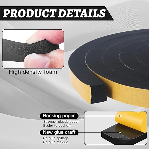 High Density Foam Tape - 1/2'' x 1/2'' x 13Ft Weatherproof Adhesive Prevent Condensation Heat Resistant Flame Retardant Weather Stripping Easy to Cut & Install & Remove for Car Doors Pipes Windows