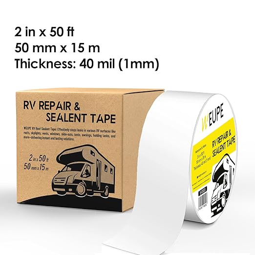 RV Sealant Tape, White, 2 Inch x 50 Feet, Roof Patch Repair Tape, Roofing Tape for RV, Waterproof Leak Tape for RV puncture, Boat Sealing, Awning, Canopy, Tents, Camper, Greenhouse and Tarpaulin