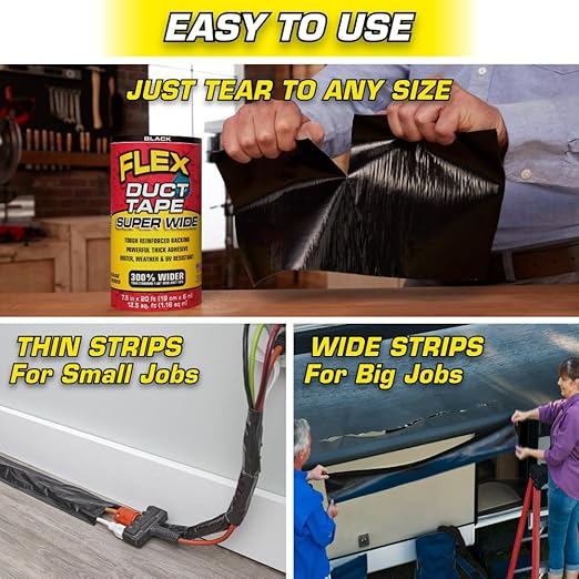 Flex Duct Tape, Super Wide, 7.5 Inches x 20 Feet, Black, Heavy Duty Strong, Multi-Surface, Water, Weather and UV Resistant, Tearable, Perfect for Boxes, No Residue