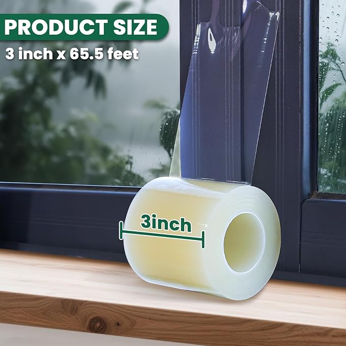 Window Sealing Tape, Window AC Insulation Air Conditioner Sealing Around Frame, 3 inch X 65.5 FT, Blocker for Cold Heat Air, Waterproof Tape for Repair, Heavy Duty No Residue (Clear)