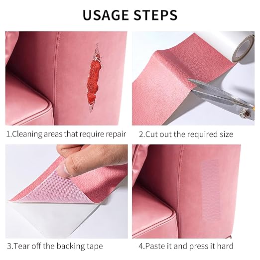 Self Adhesive Leather Repair Patch, 4 x 60 inch Leather Repair Tape, Leather Patches for Furniture, Car Seat,Vinyl Leather Repair Kit for Office Chairs, Couch, Sofa, Luggage (Pink)