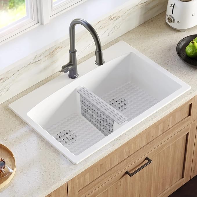 Bligli Plastic Sink Saddle, Sink Divider Mat with Strong Suction Cups, Kitchen Divided Sink Protector Mat for Glassware Dishes, Easy to Clean and No Smell, 9.5" x 12", Grey