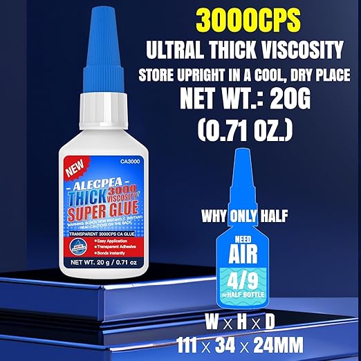 20g Thick CA Glue (3000 CPS), Instant Clear Cyanoacrylate Glue for Wood, Glass, Metal, Paper, Leather, Plastic, Ceramic, Rubber, Jewelry, Woodworking, Hobby Models, and Craft Project