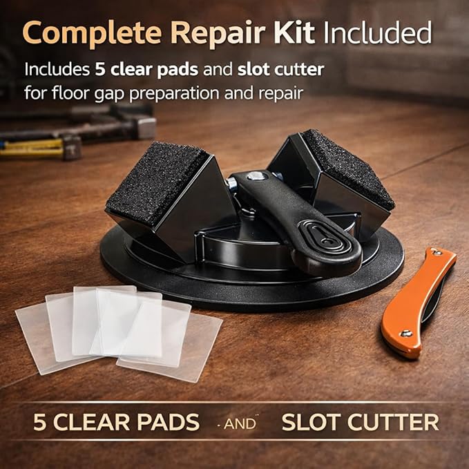 Floor Gap Fixer Tool, Heavy Duty Suction Cup Floor Gap Repair Tool for Vinyl Plank Laminate Flooring, 45° Striking Surface Plank Grabber with Gap Cutter, 5 Adhesive Pads Included, Black