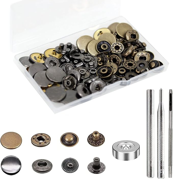 BetterJonny 24 Sets Heavy Duty Leather Snap Fasteners Kit, 17mm Metal Snap Buttons Press Studs Leather Rivets Snaps with 4 Setter Tools for Clothes Bracelet Jackets Jeans, 2 Color