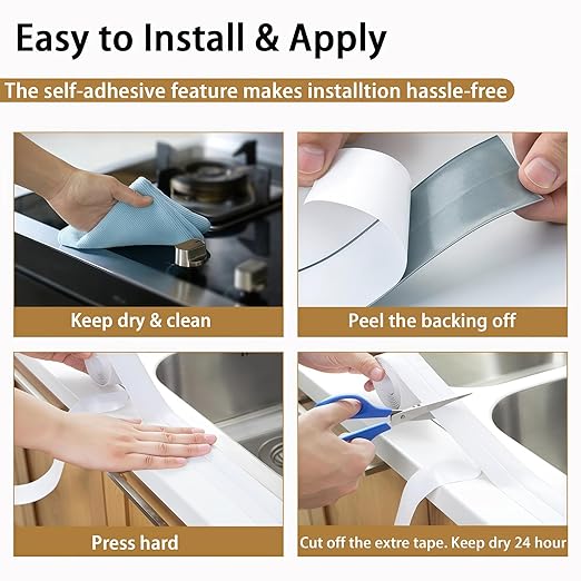 Caulk Tape, 10.5FT Peel and Stick Waterproof Seal Tape - No Tools No Mess Self-Adhesive Waterproof Tape for Toilet Bathtub Sink Tub Kitchen Countertop, Flexible PVC Strip Filler Caulking Tape