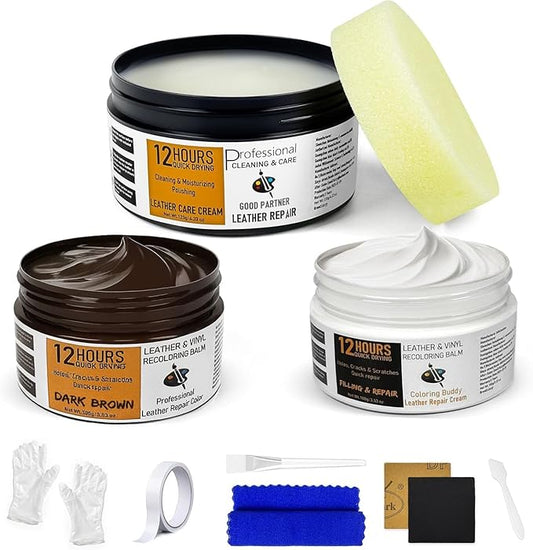 12H Quick-Dry Leather Repair Kit with 3.53Oz Leather Recoloring Balm, Filler & 4.23Oz Conditioner & Cleaner, 3-in-1 Vinyl Repair Set for Couch, Car Seat, Jacket, Shoes, Faux Leather, Brown