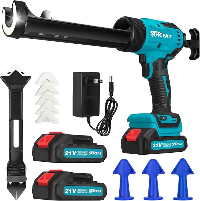 Cordless Caulking Gun, 21V Battery Powered Caulk Gun, Electric Caulking Gun w/2 x 2.0Ah Batteries, 9Pcs Caulk Remover Tool, LED Light, Auto Retract for Filling, Sealing