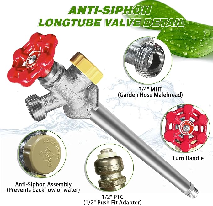 10 Inch Anti-Siphon Frost Free Sillcock Valve Multiturn 1/2 Inch NPT, 3/4 Inch Hose Bibb, Brass Body, Brass Valve, 12 Inch Length, Chrome Finish