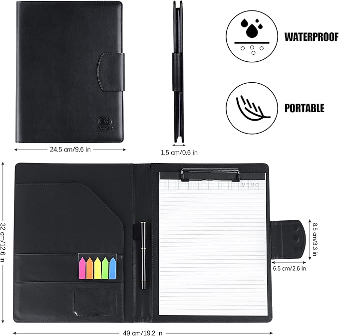 Agoer Professional Padfolio Clipboard Folder with 3xMagnetic Closure Cover | Faux Leather,A4 Size,With A4 Writing Pad & Pen & Sticky Tab,for Business Office Conference(Black),Portfolio Legal Pad Holder