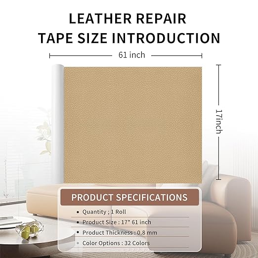 Leather Repair Patch Tape, Beige 17 x 61 Inches Self Adhesive Leather Repair Kit for Furniture, Car Seat, Vinyl Repair Kit for Office Chairs, Bags, Luggage